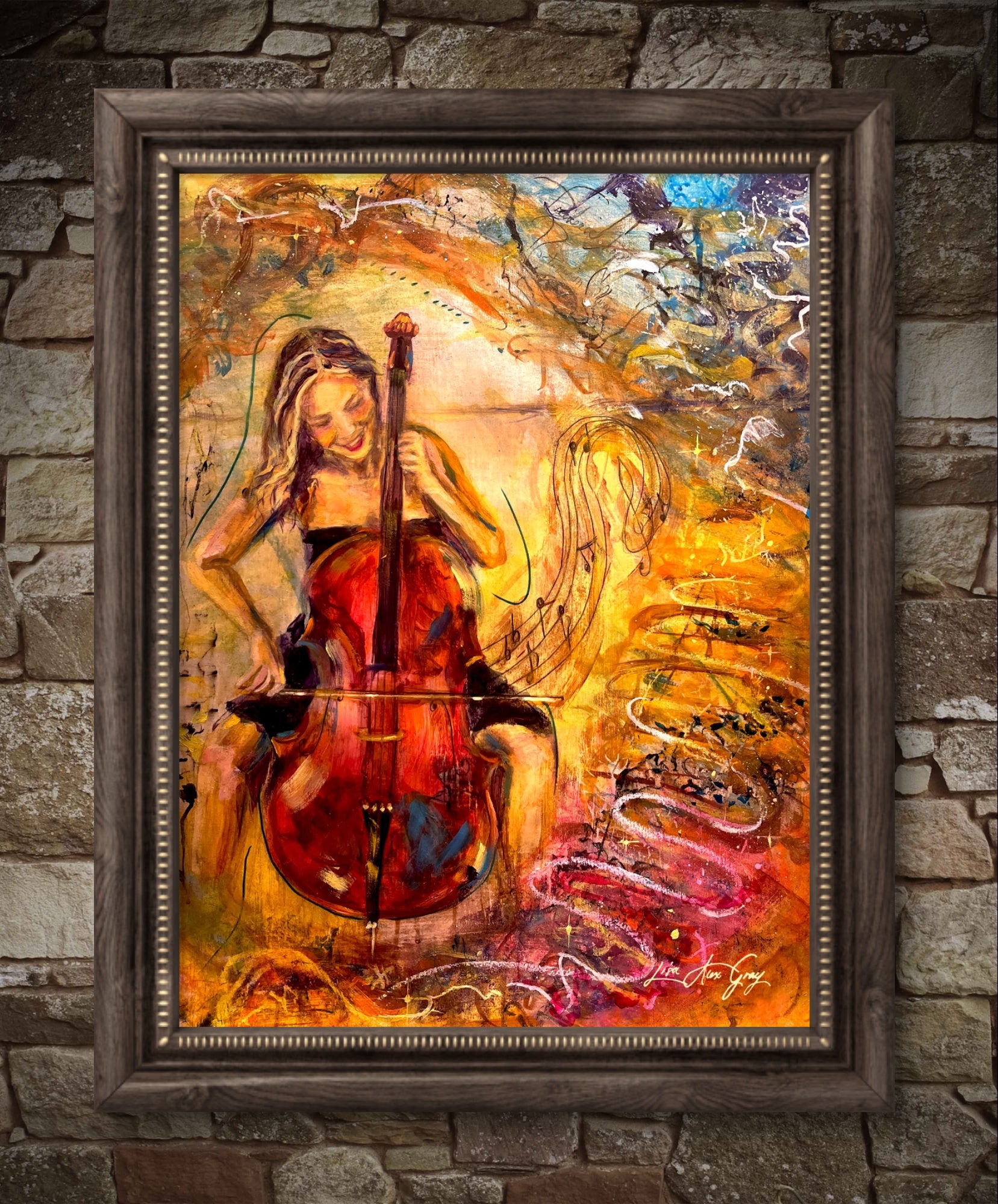 Splendor in Strings Woman Playing the Cello Musical Wall Decor Colorful Poster Print