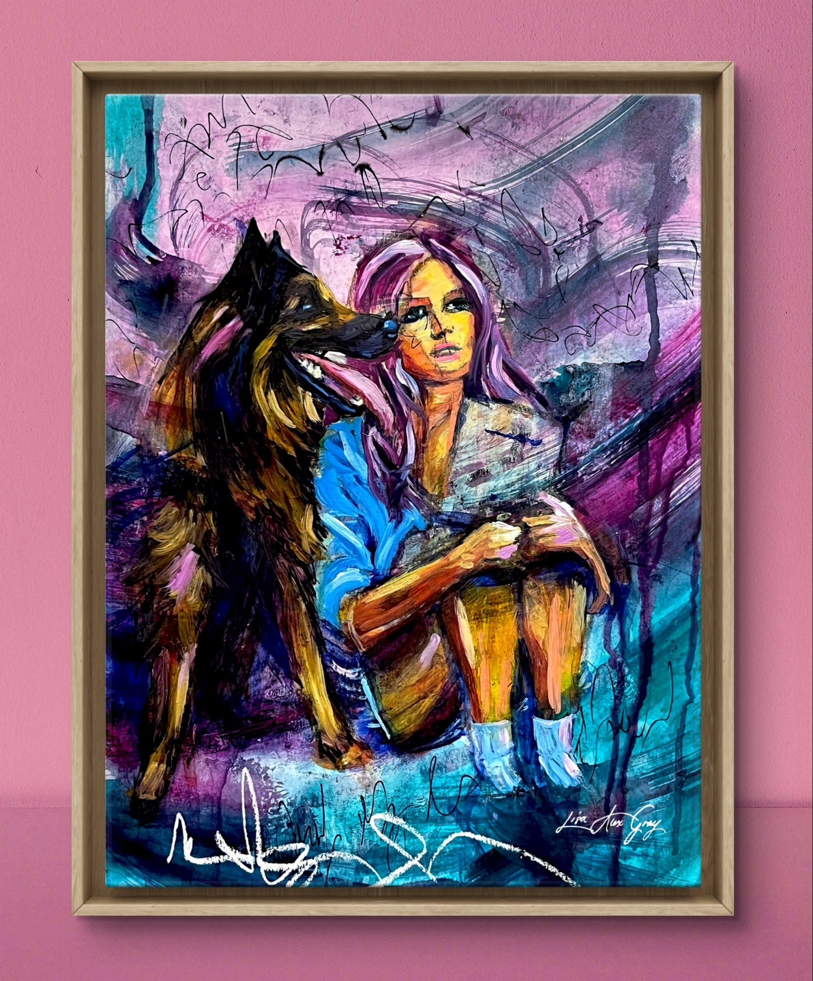 Cozy Retro Decor: Woman Reading Book with Dog Poster Print, Wall Art