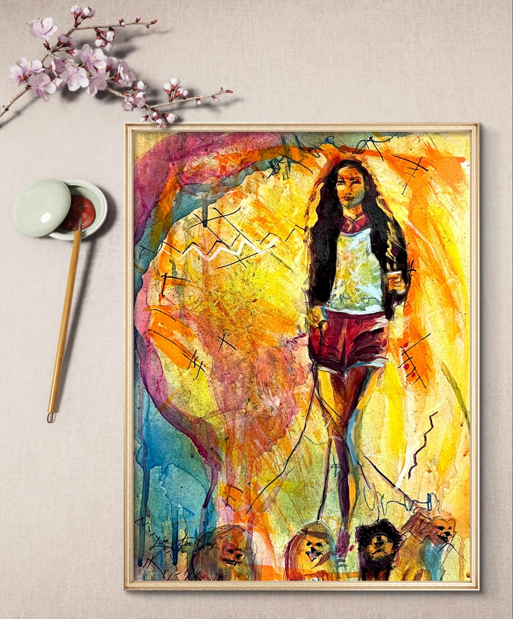 Stylish Dog Lover Dog Walker Art Print for Modern Woman Mixed Media Abstract