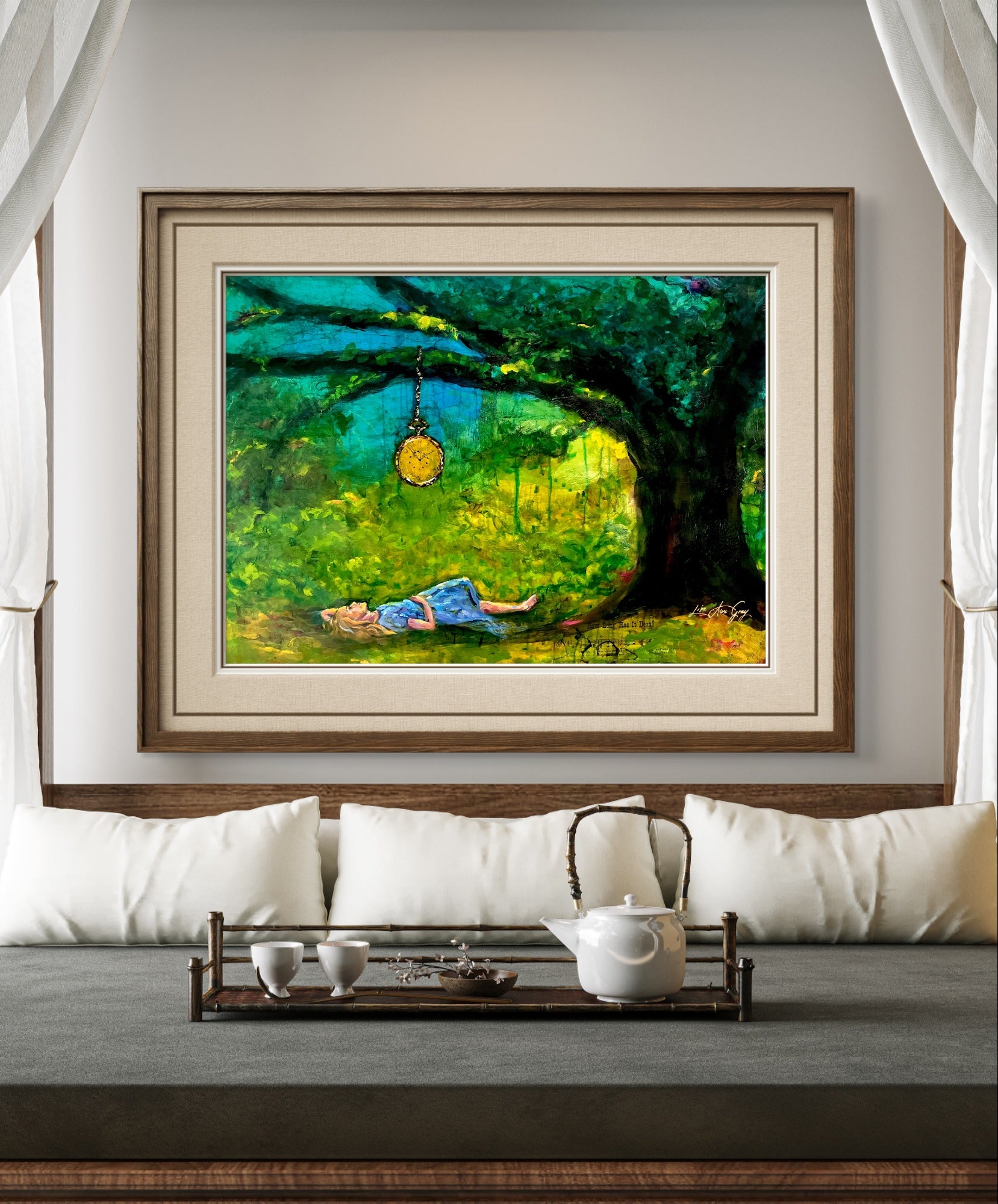 Whimsical Wall Art: Woman Relaxing Under Tree - Clock Design Print