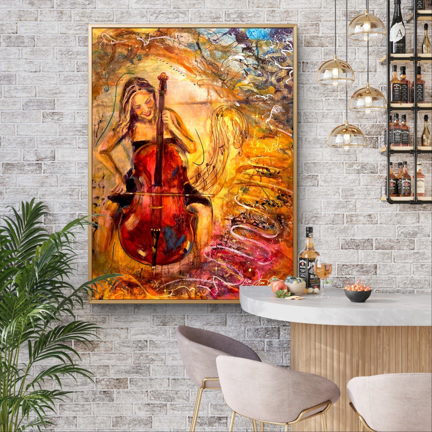 Splendor in Strings Woman Playing the Cello Musical Wall Decor Colorful Poster Print