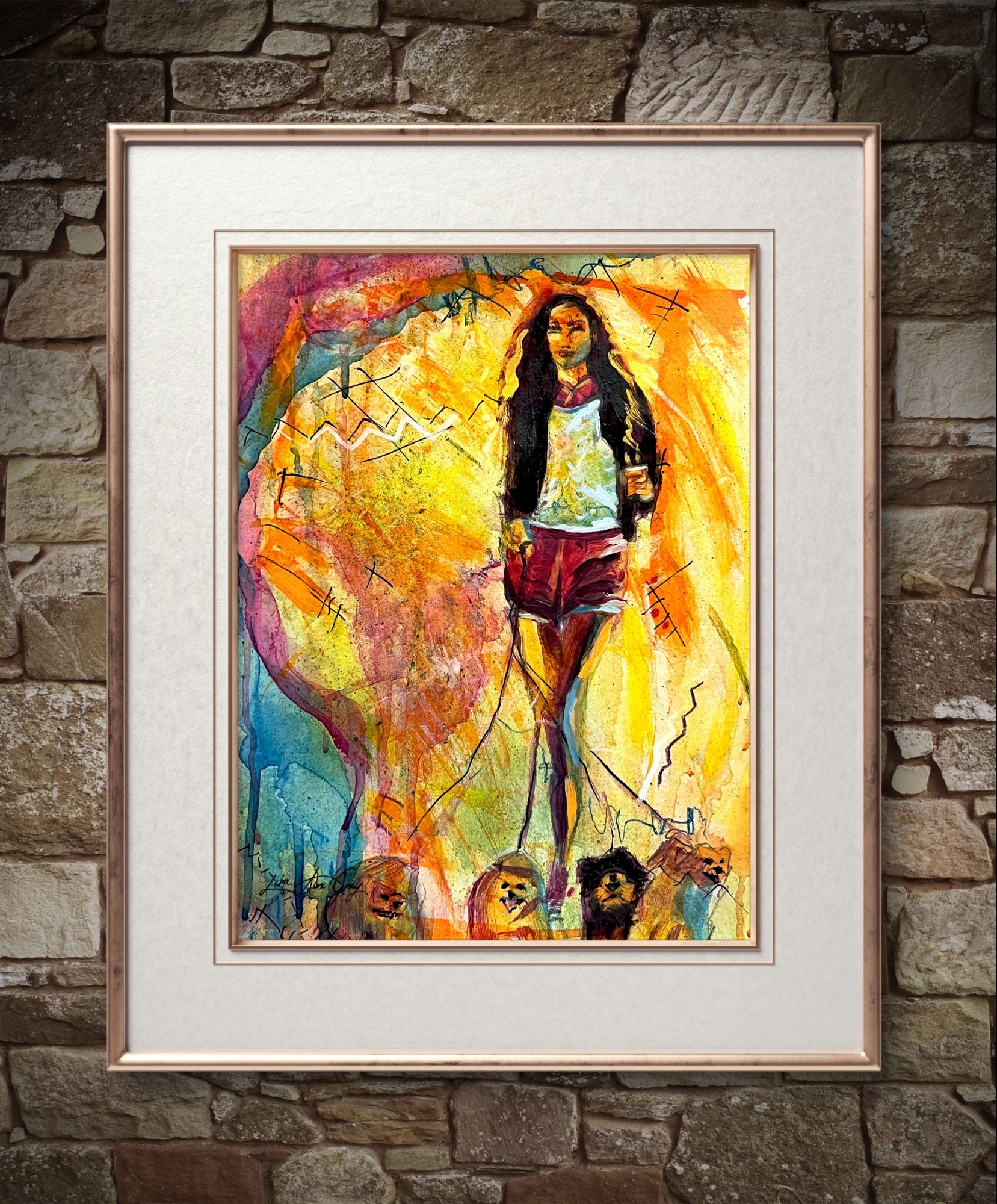 Stylish Dog Lover Dog Walker Art Print for Modern Woman Mixed Media Abstract