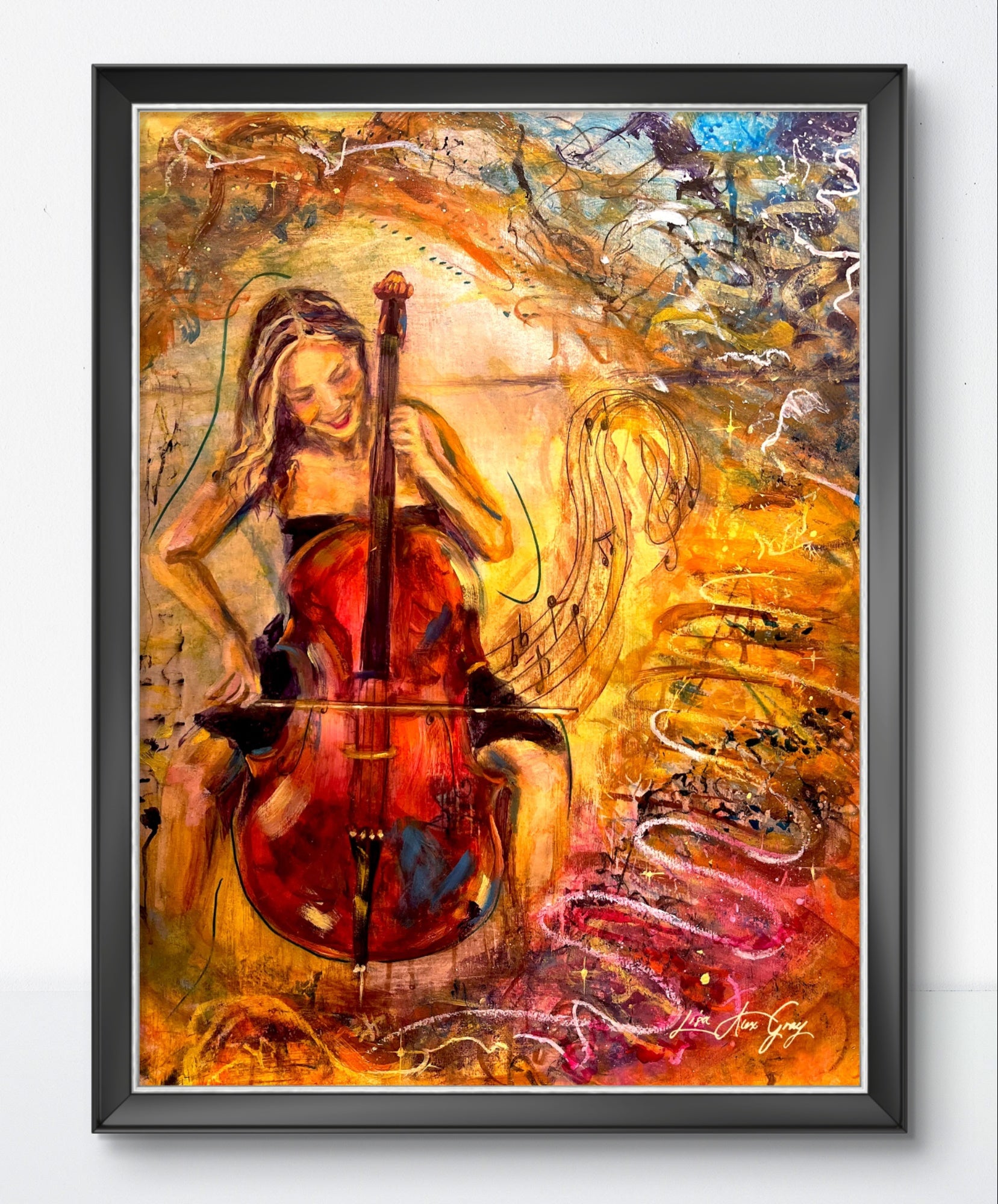 Splendor in Strings Woman Playing the Cello Musical Wall Decor Colorful Poster Print