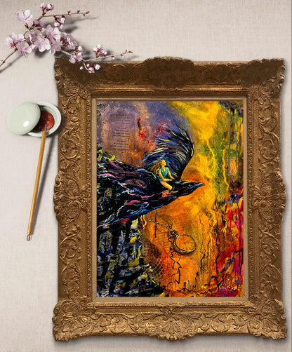 Mystical Crow Wall Art: Spirit-Infused Woman Soaring, Inspirational Poster Home Decor