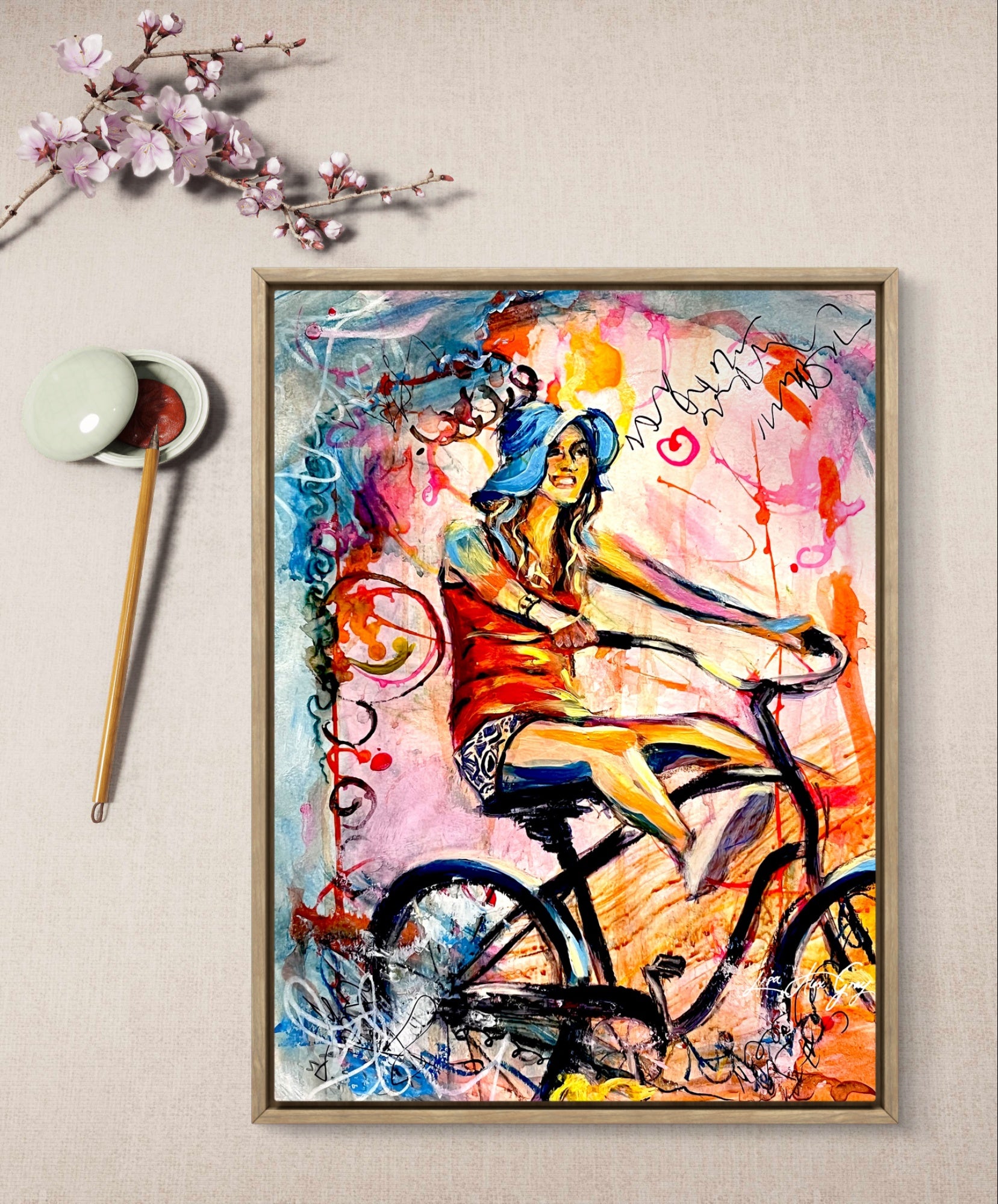 Whimsical Bike Ride Print - Woman on Bicycle Wall Decor, Summer Joy Art - Archival Paper