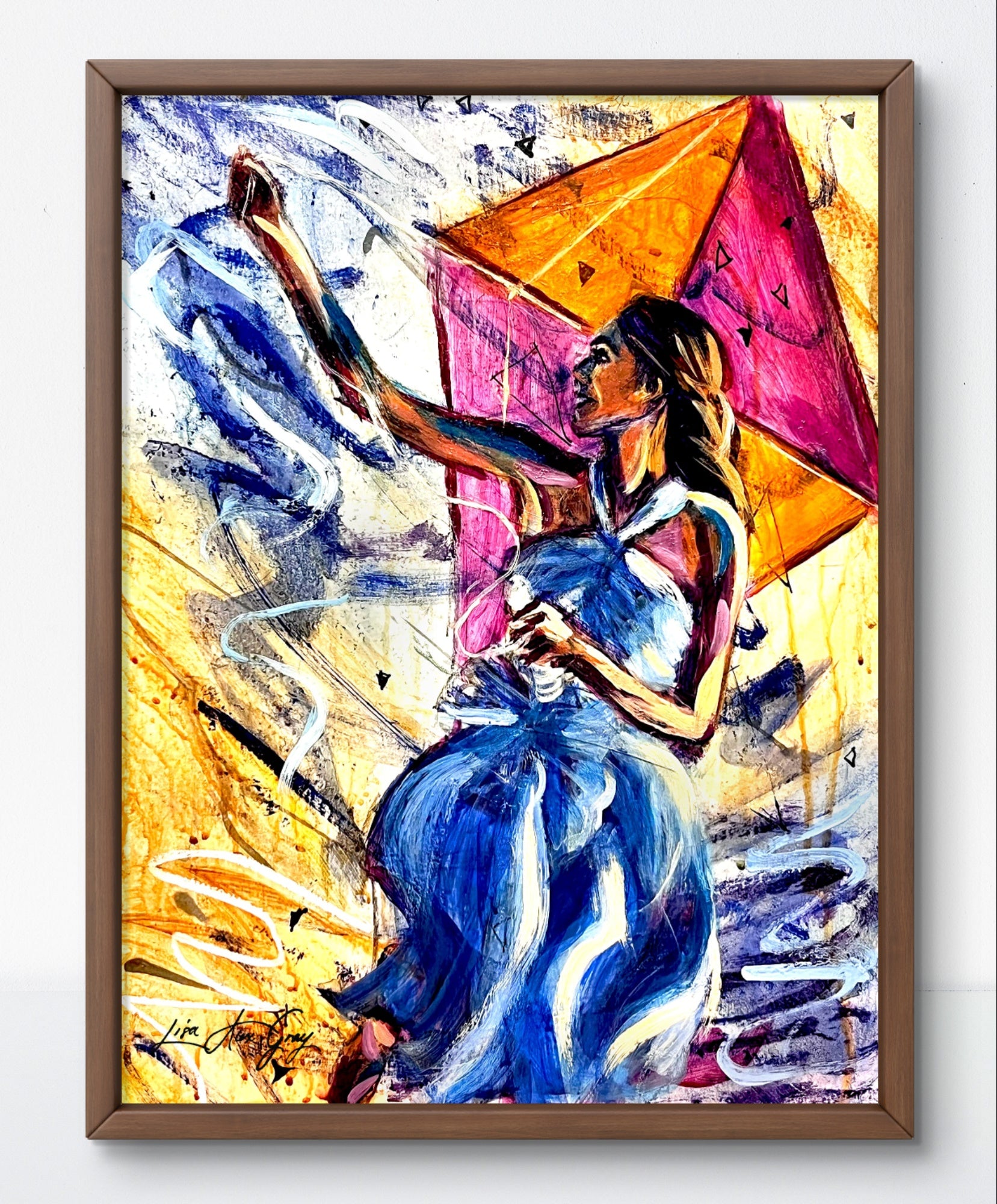 Playing with the Wind Woman Flying a kite Outdoor Wall Decor Poster Print