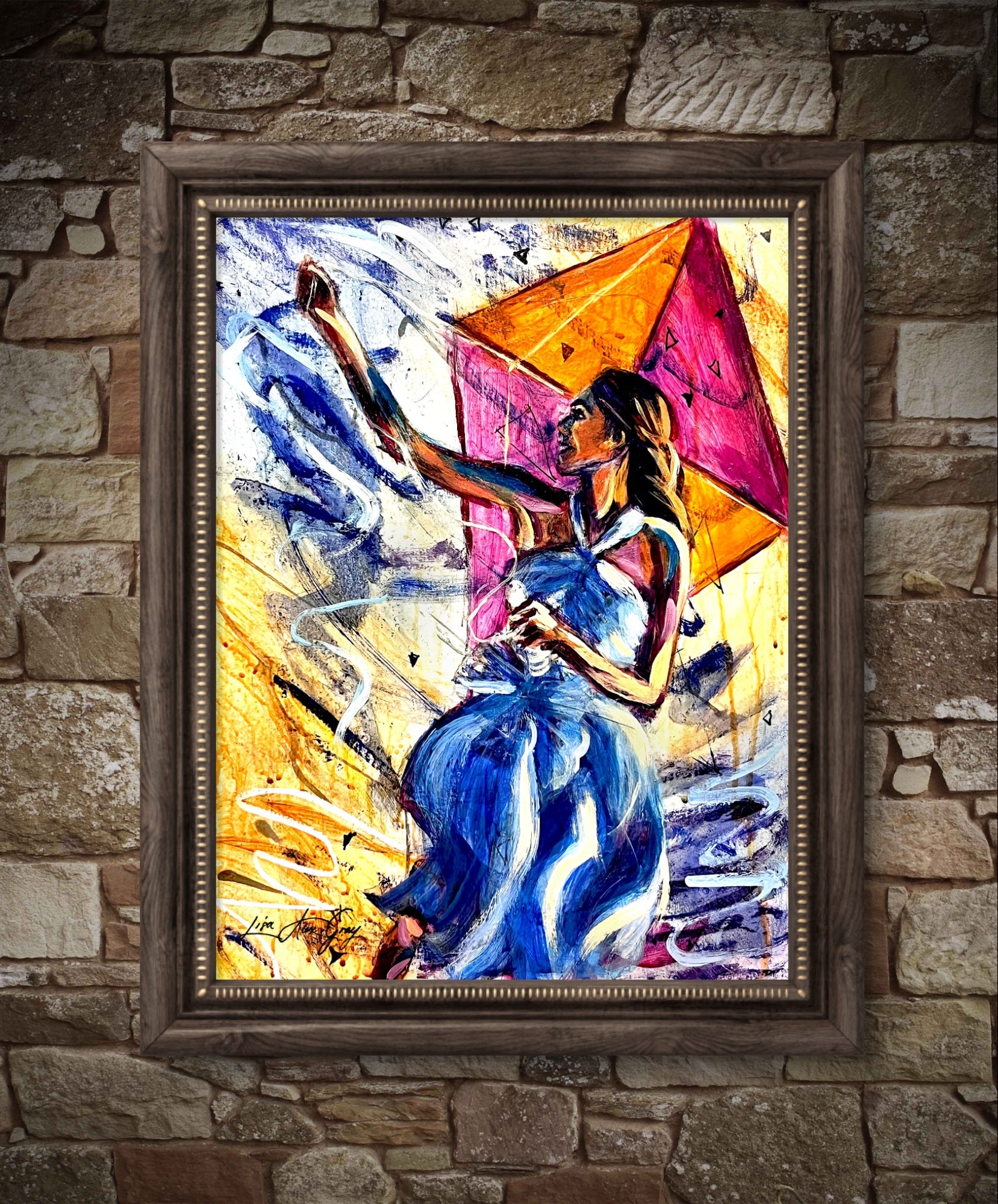 Playing with the Wind Woman Flying a kite Outdoor Wall Decor Poster Print