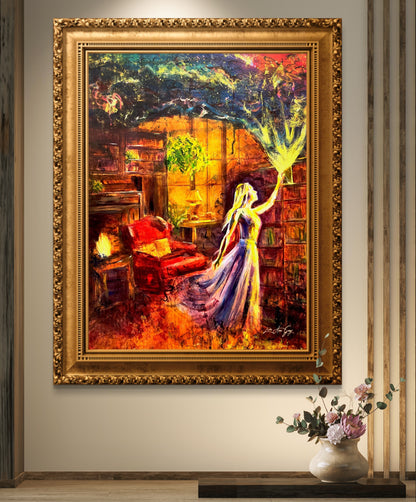 Divine Woman Library Art Print - Elegant Wall Decor for Book Lovers