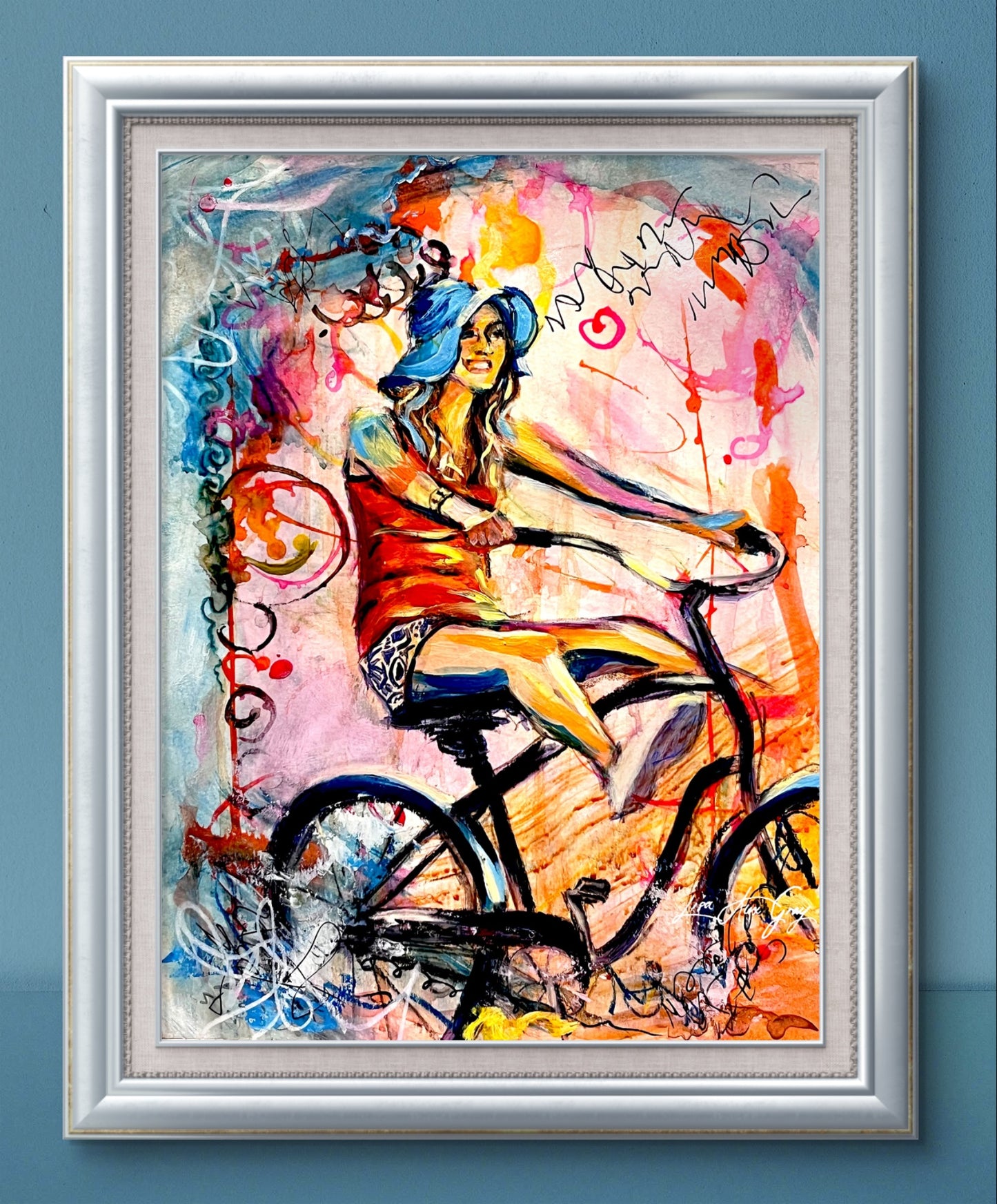 Whimsical Bike Ride Print - Woman on Bicycle Wall Decor, Summer Joy Art - Archival Paper