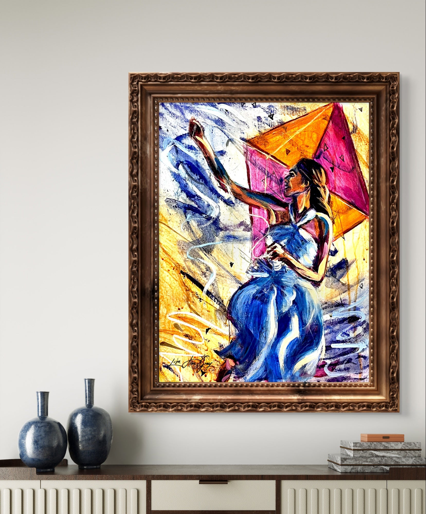 Playing with the Wind Woman Flying a kite Outdoor Wall Decor Poster Print