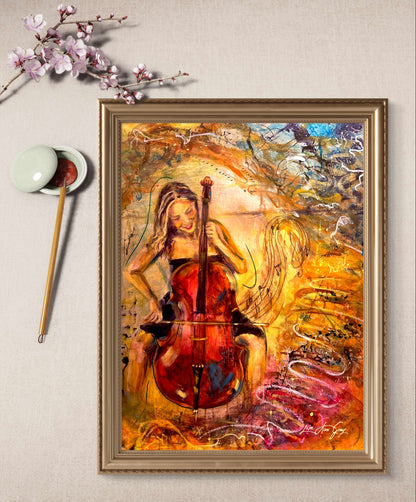 Splendor in Strings Woman Playing the Cello Musical Wall Decor Colorful Poster Print