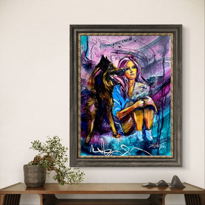 Cozy Retro Decor: Woman Reading Book with Dog Poster Print, Wall Art