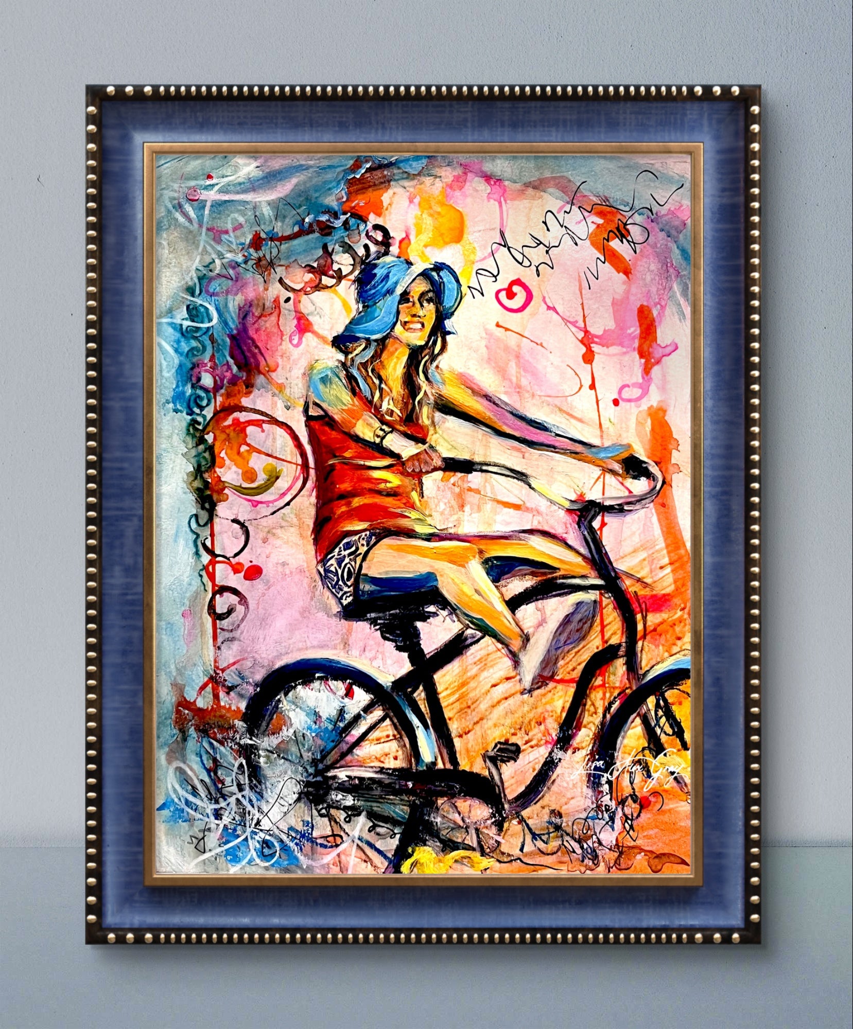 Whimsical Bike Ride Print - Woman on Bicycle Wall Decor, Summer Joy Art - Archival Paper