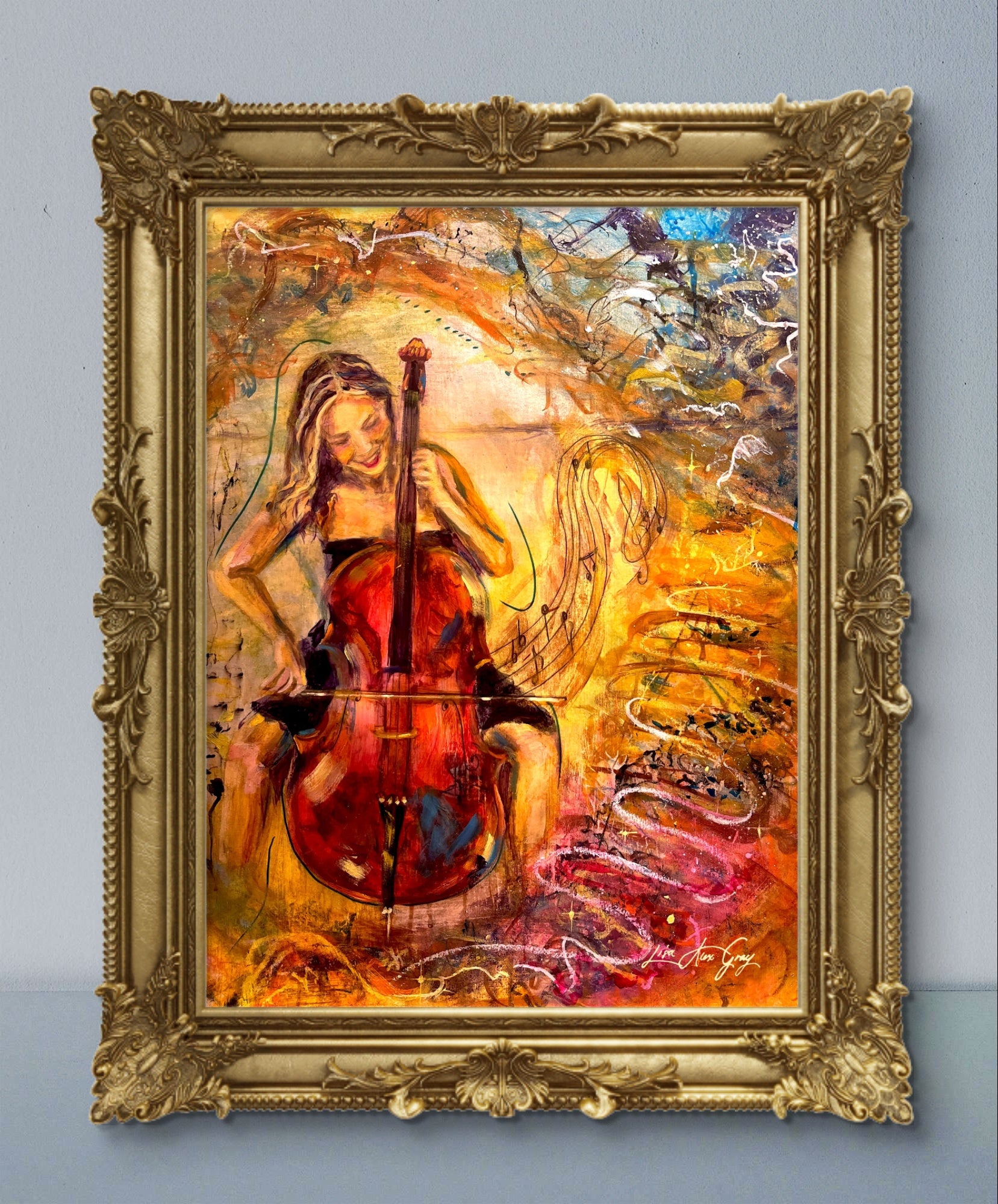 Splendor in Strings Woman Playing the Cello Musical Wall Decor Colorful Poster Print