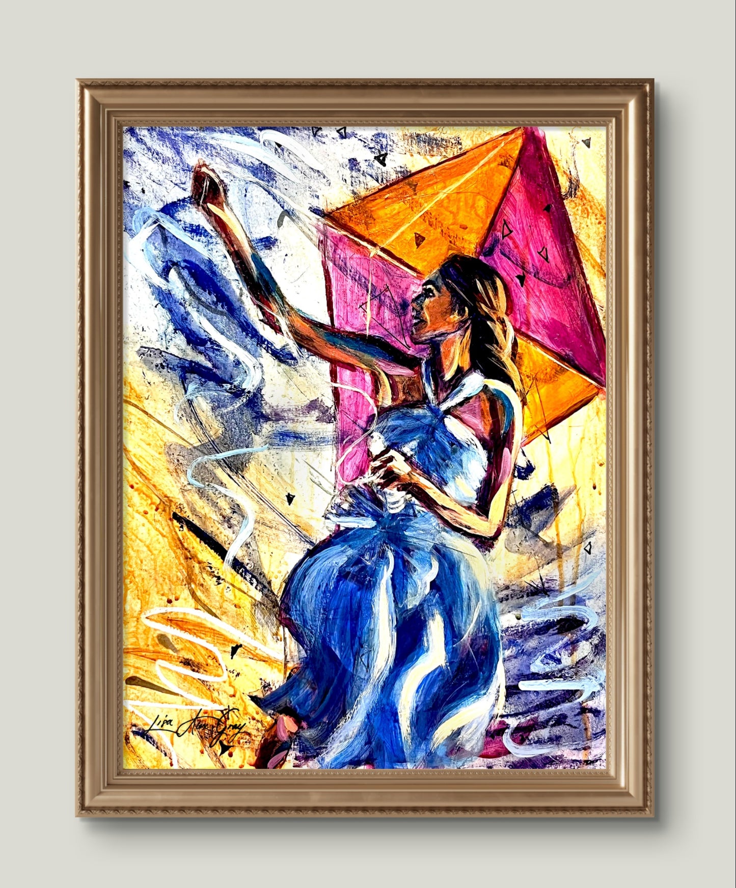 Playing with the Wind Woman Flying a kite Outdoor Wall Decor Poster Print