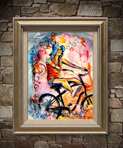 Whimsical Bike Ride Print - Woman on Bicycle Wall Decor, Summer Joy Art - Archival Paper