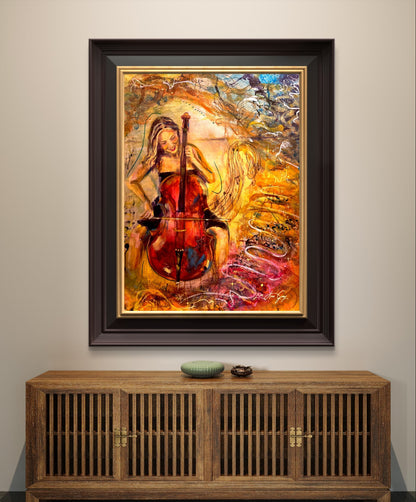 Splendor in Strings Woman Playing the Cello Musical Wall Decor Colorful Poster Print