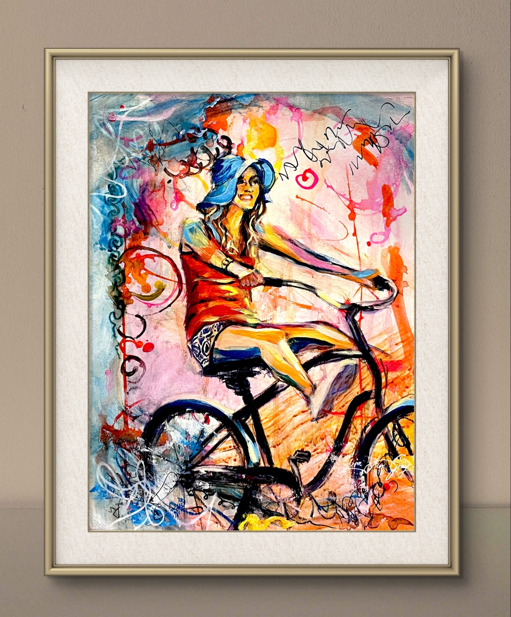 Whimsical Bike Ride Print - Woman on Bicycle Wall Decor, Summer Joy Art - Archival Paper