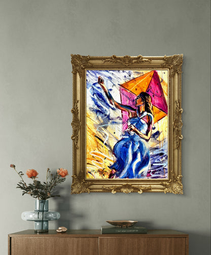 Playing with the Wind Woman Flying a kite Outdoor Wall Decor Poster Print