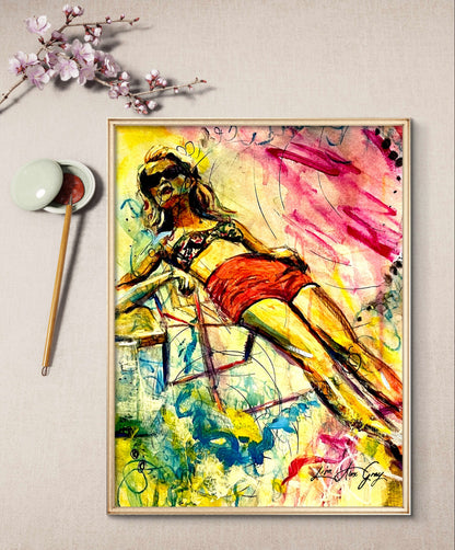 Summer Retro Wall Art, Woman Suntanning Poster - Sun-Kissed Bliss Poster Print