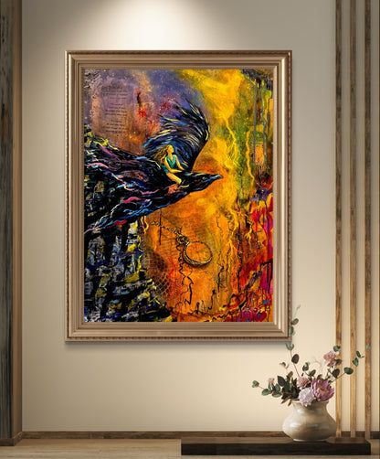 Mystical Crow Wall Art: Spirit-Infused Woman Soaring, Inspirational Poster Home Decor