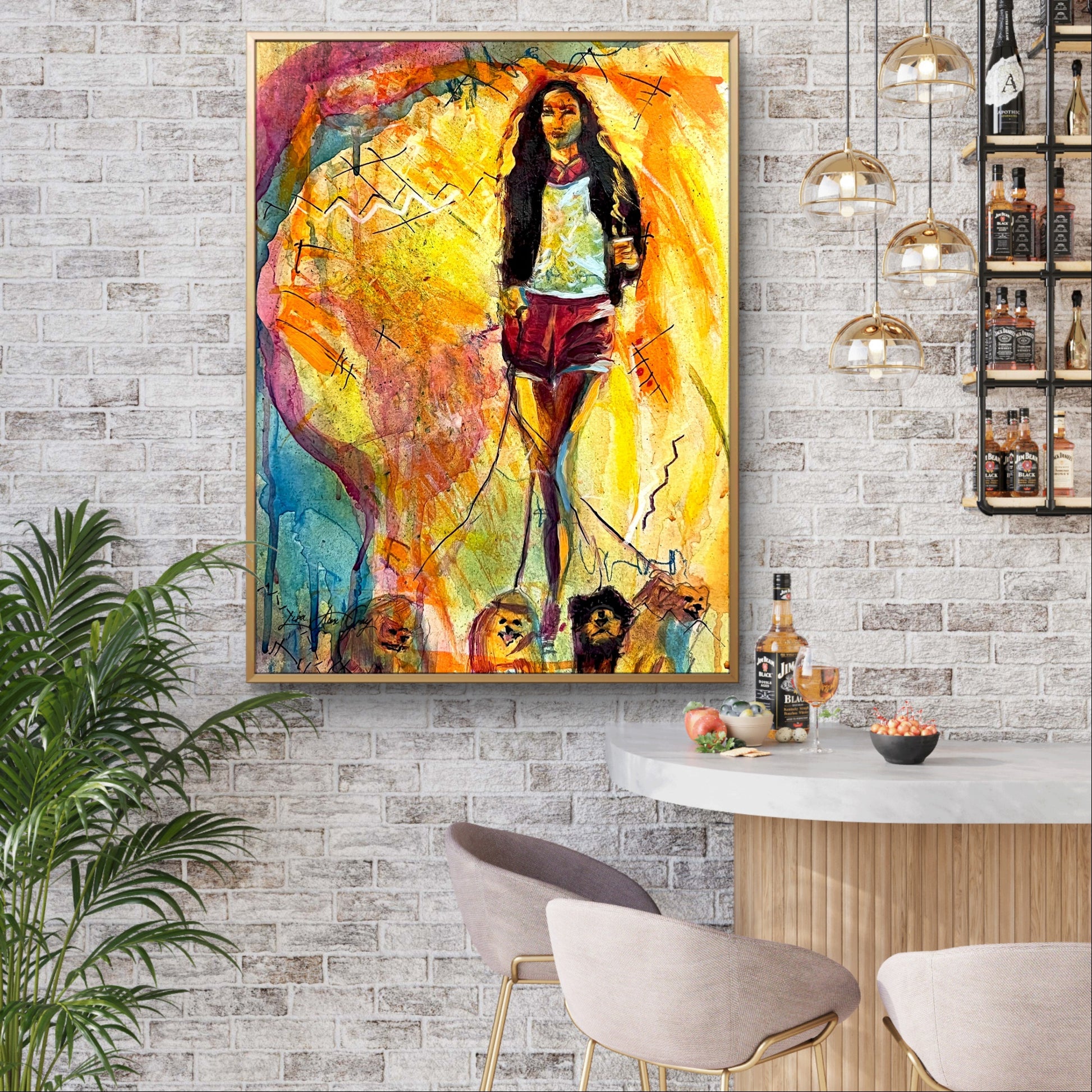 Stylish Dog Lover Dog Walker Art Print for Modern Woman Mixed Media Abstract