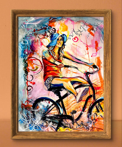 Whimsical Bike Ride Print - Woman on Bicycle Wall Decor, Summer Joy Art - Archival Paper