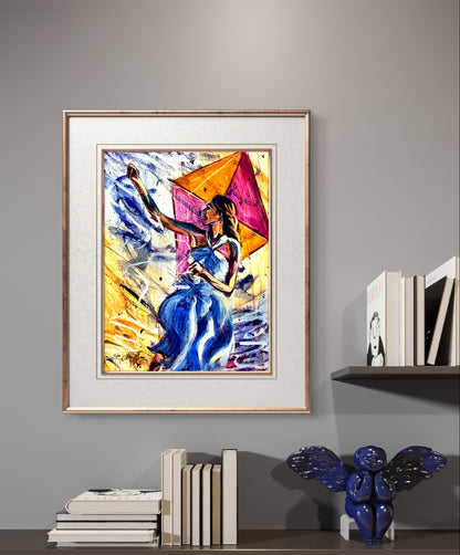 Playing with the Wind Woman Flying a kite Outdoor Wall Decor Poster Print