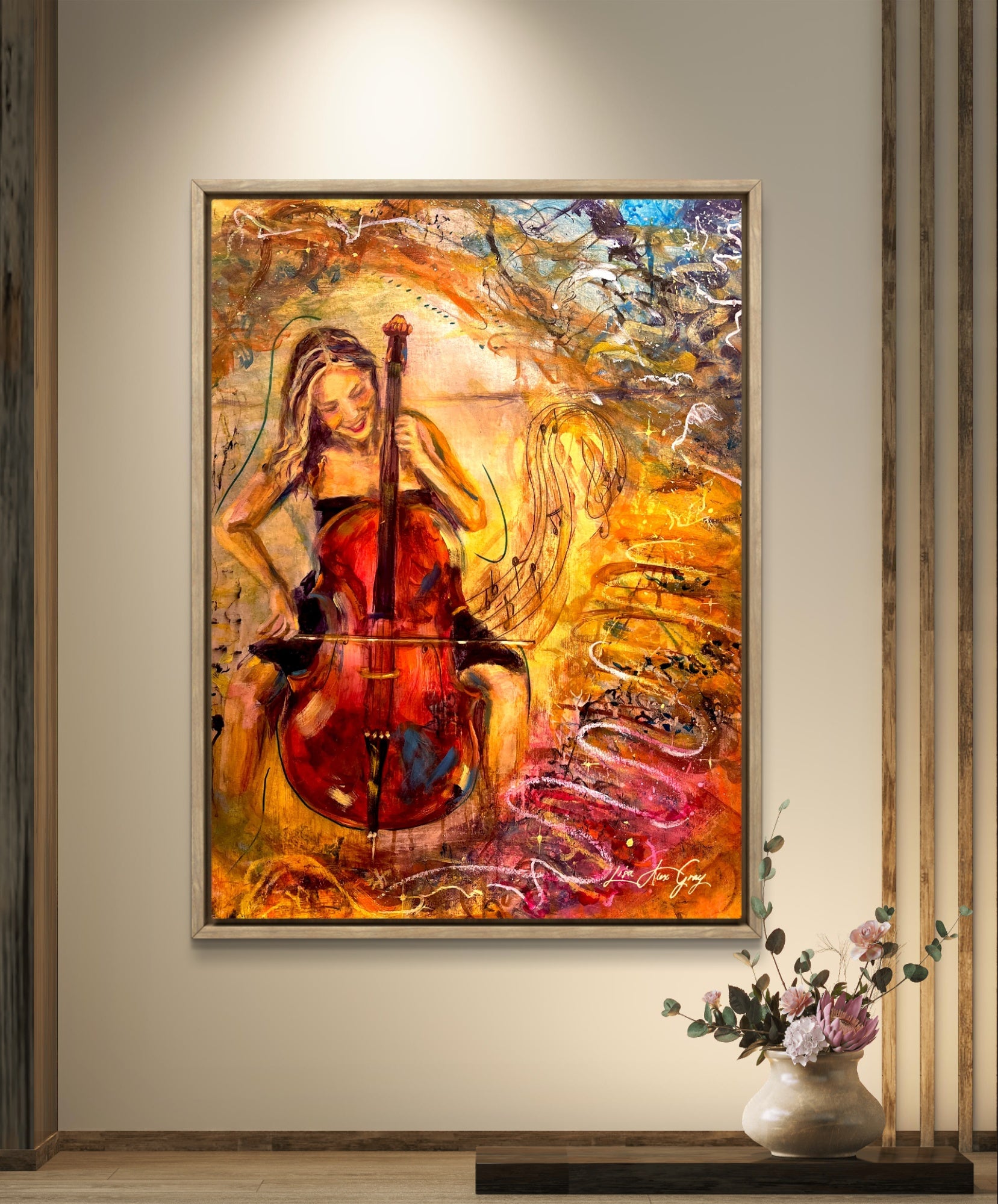 Splendor in Strings Woman Playing the Cello Musical Wall Decor Colorful Poster Print