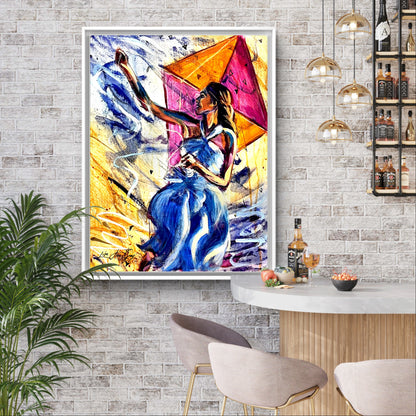 Playing with the Wind Woman Flying a kite Outdoor Wall Decor Poster Print