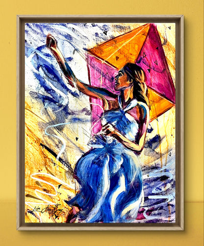 Playing with the Wind Woman Flying a kite Outdoor Wall Decor Poster Print