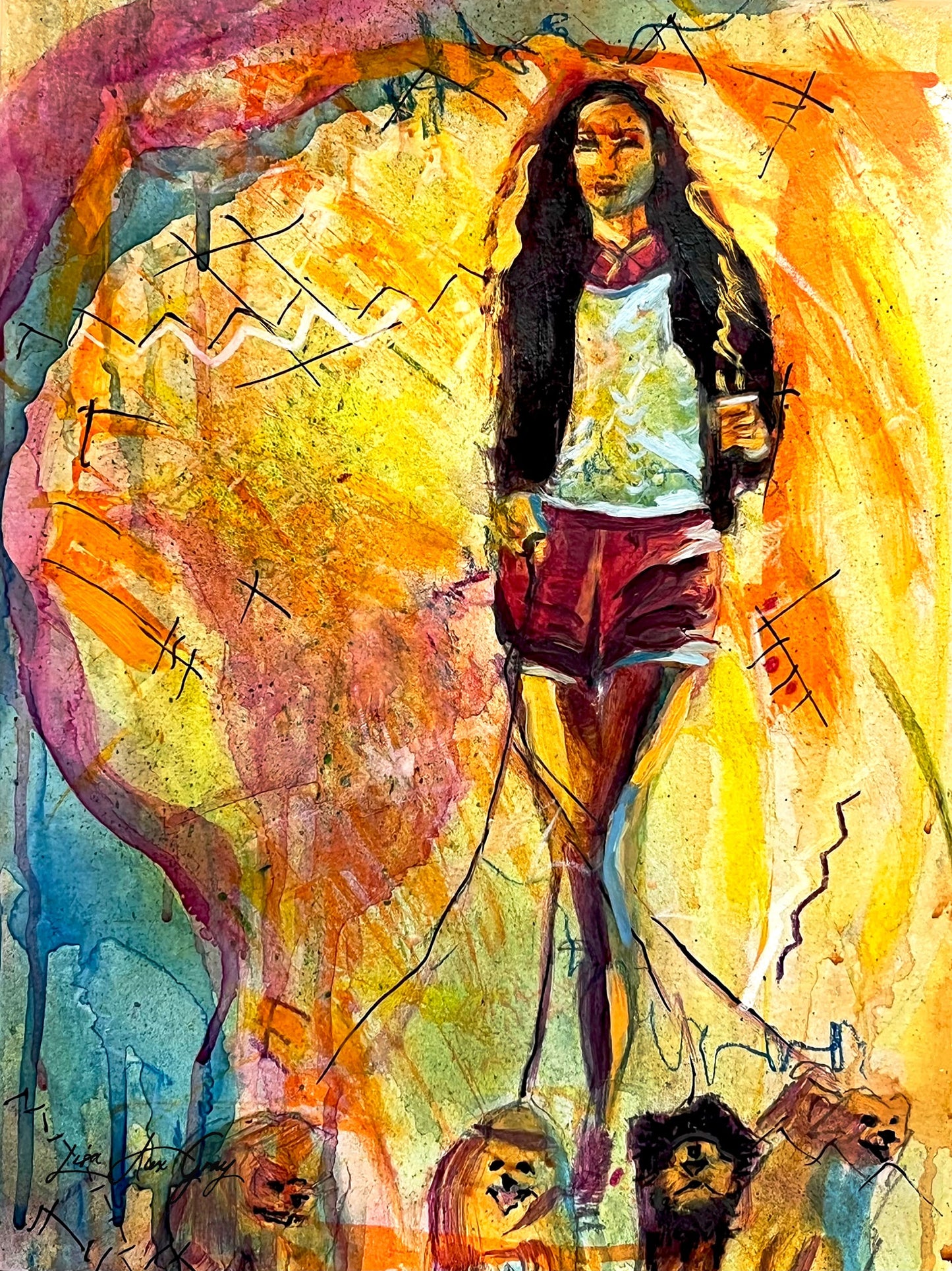 Stylish Dog Lover Dog Walker Art Print for Modern Woman Mixed Media Abstract