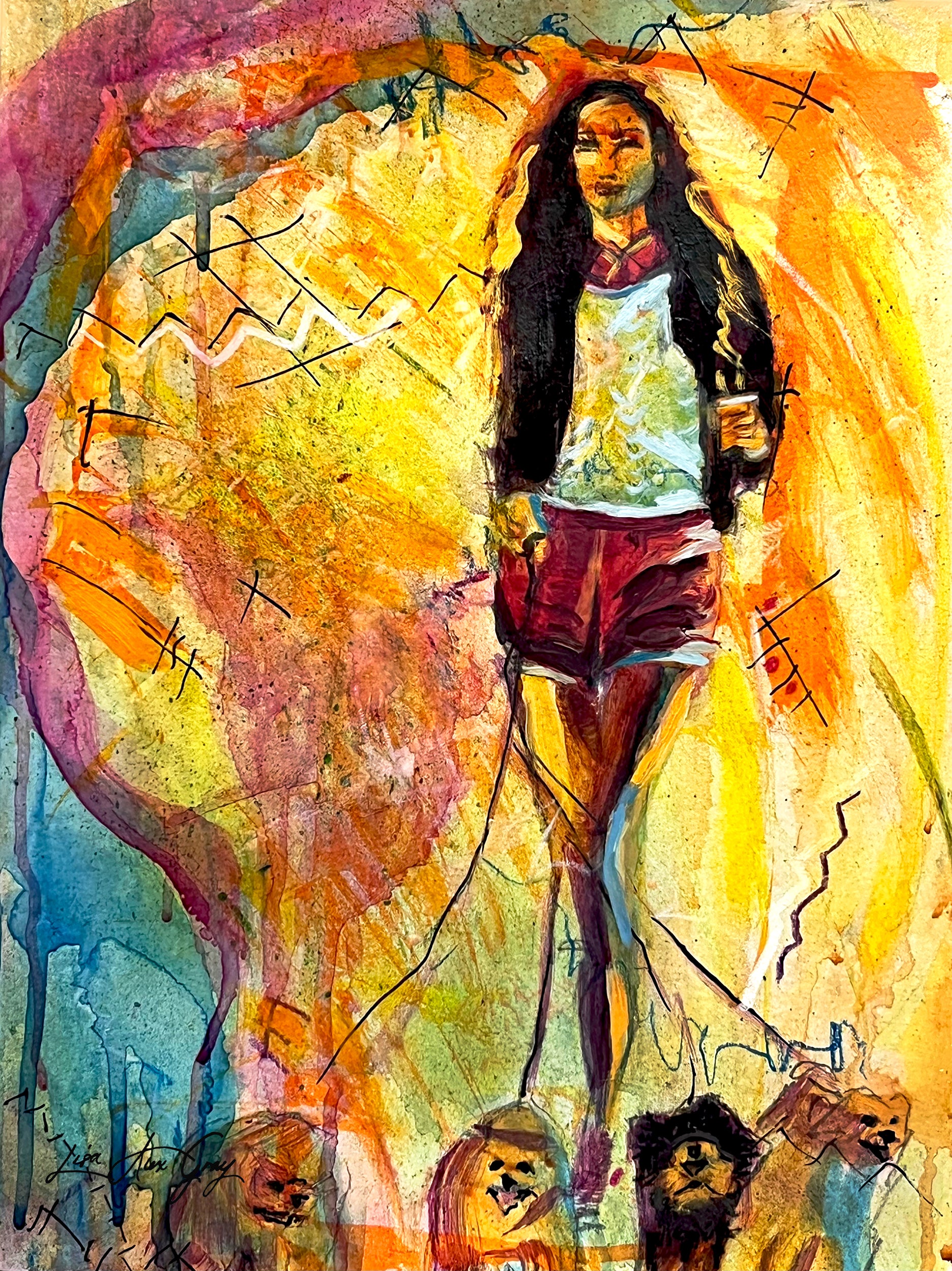 Stylish Dog Lover Dog Walker Art Print for Modern Woman Mixed Media Abstract