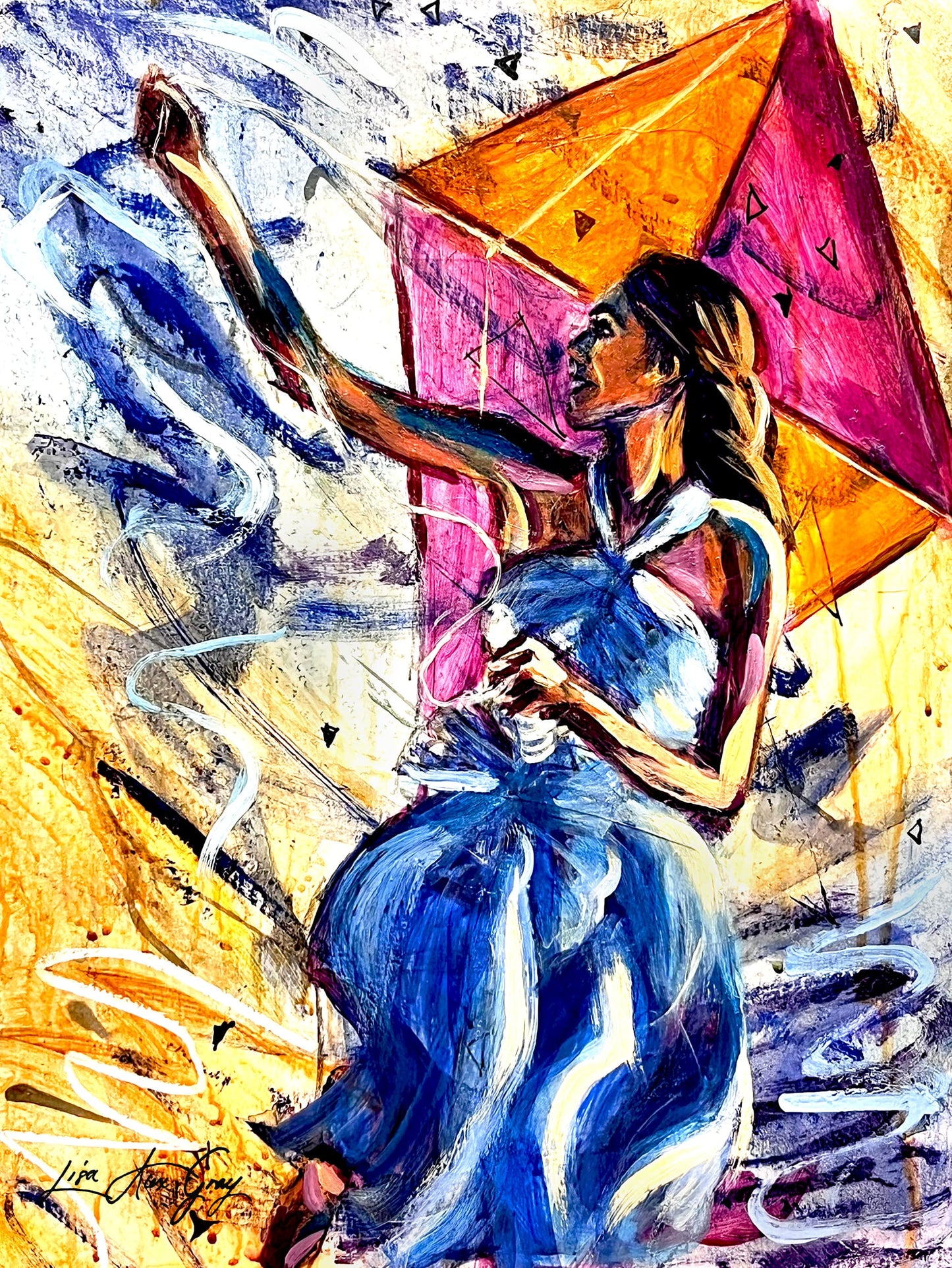 Playing with the Wind Woman Flying a kite Outdoor Wall Decor Poster Print