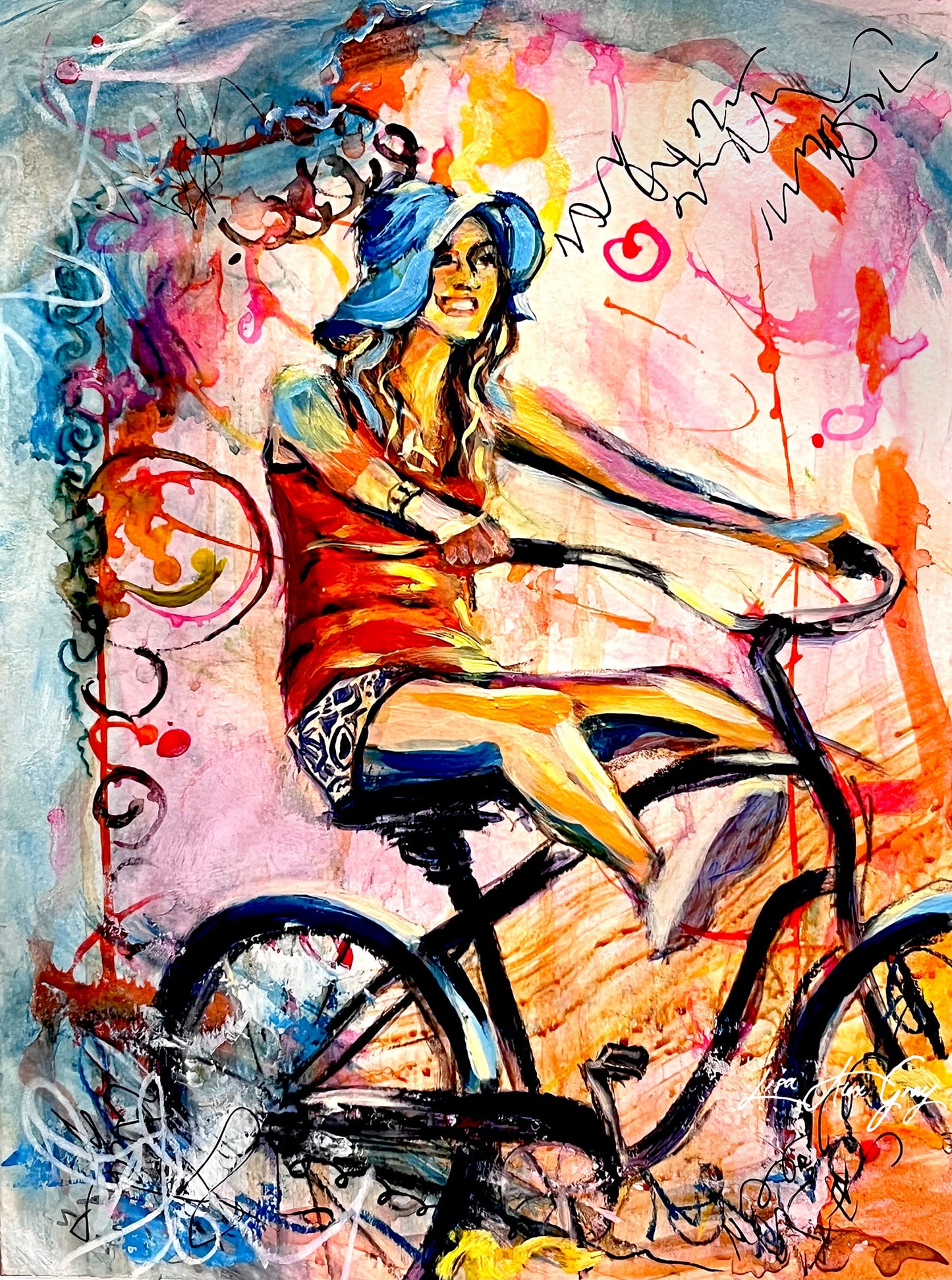 Whimsical Bike Ride Print - Woman on Bicycle Wall Decor, Summer Joy Art - Archival Paper