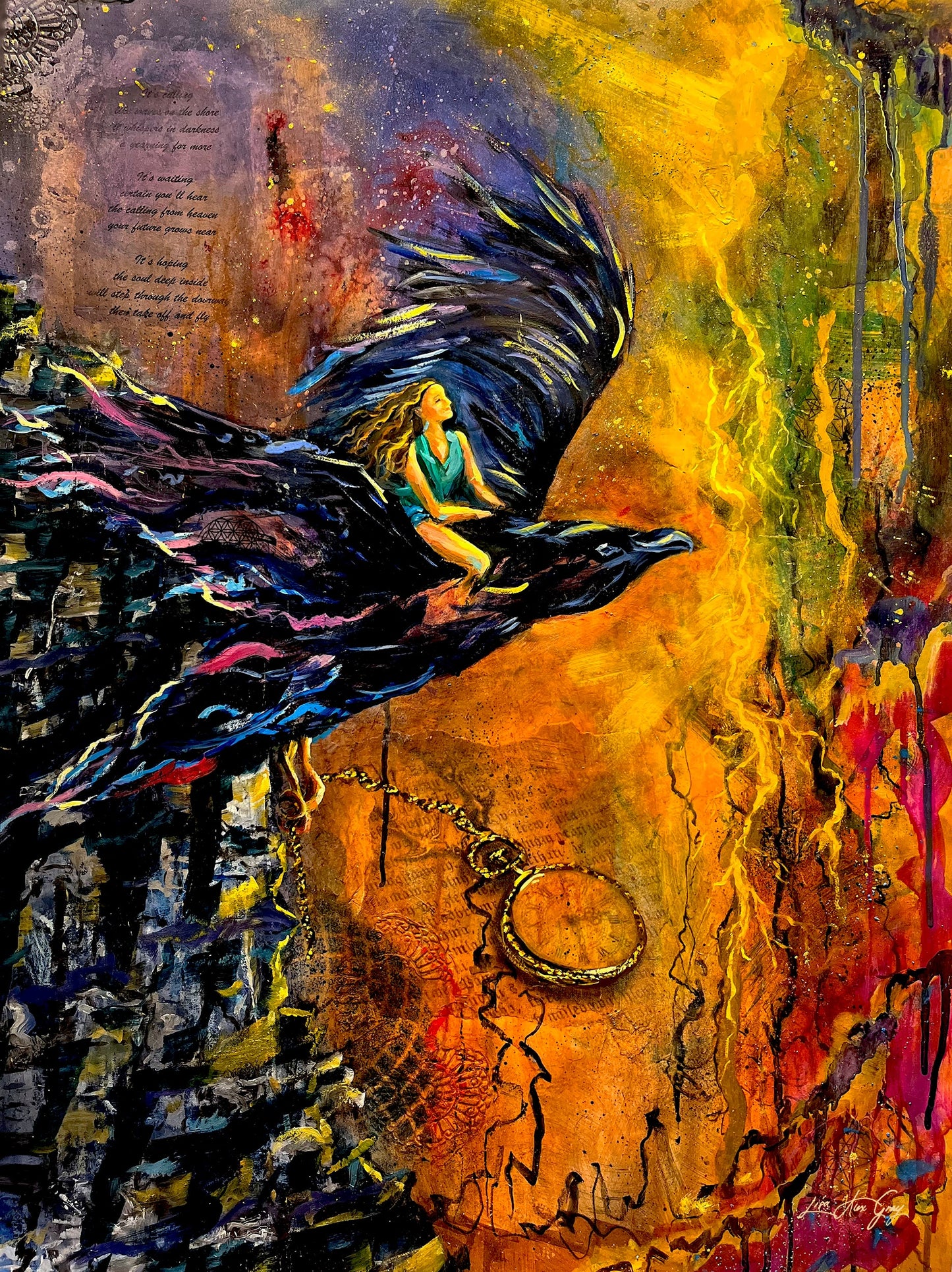 Mystical Crow Wall Art: Spirit-Infused Woman Soaring, Inspirational Poster Home Decor