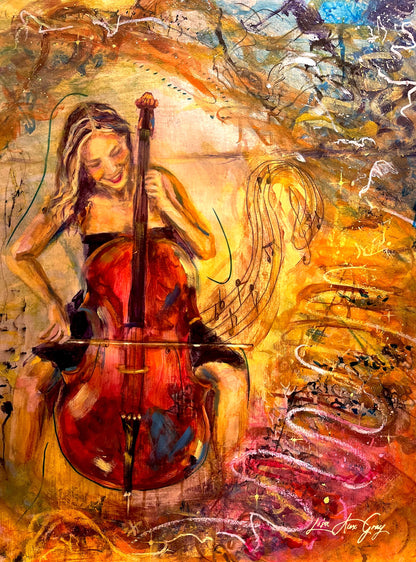 Splendor in Strings Woman Playing the Cello Musical Wall Decor Colorful Poster Print