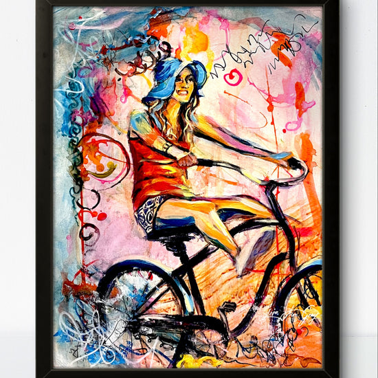 Whimsical Bike Ride Print - Woman on Bicycle Wall Decor, Summer Joy Art - Archival Paper