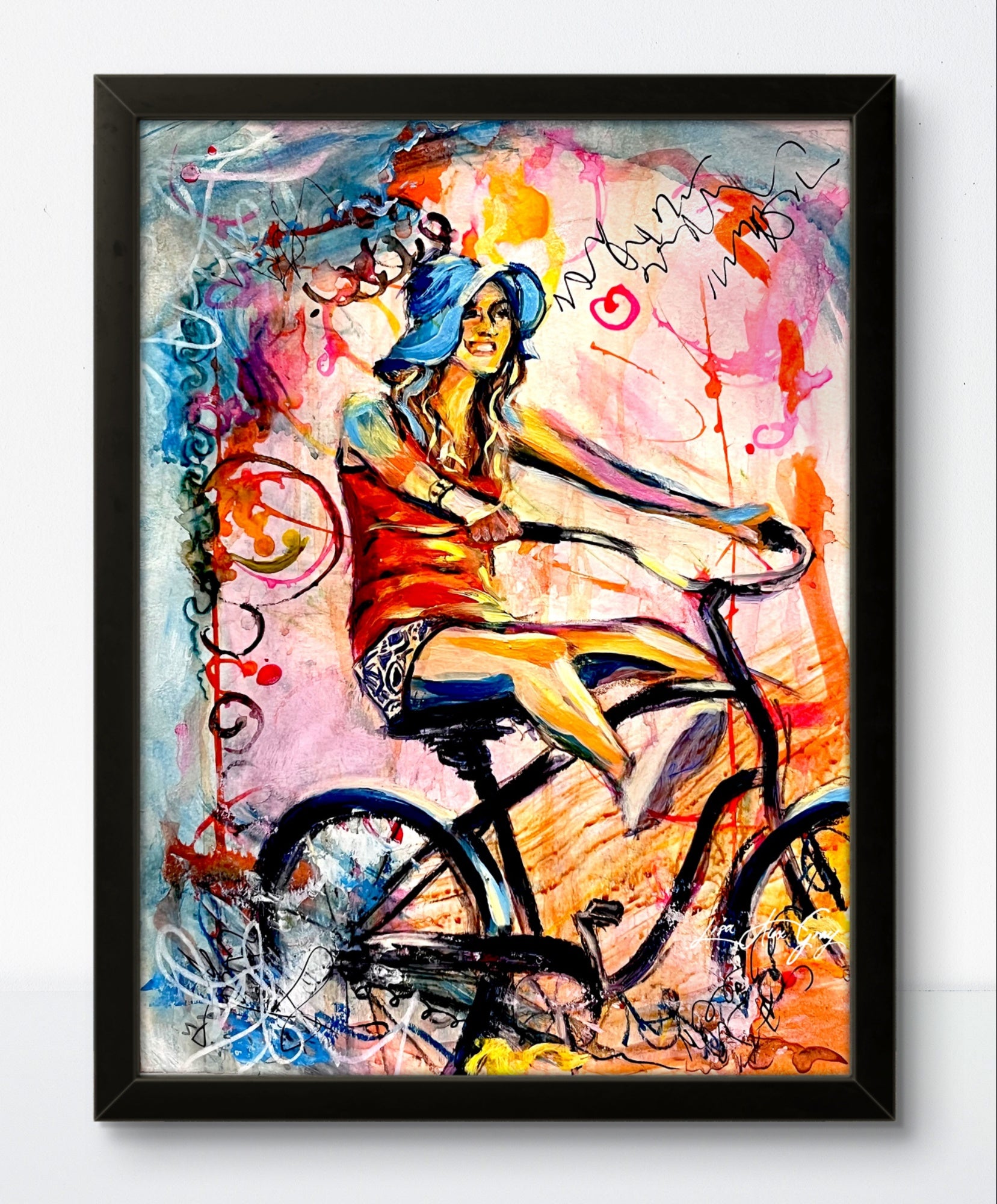 Whimsical Bike Ride Print - Woman on Bicycle Wall Decor, Summer Joy Art - Archival Paper