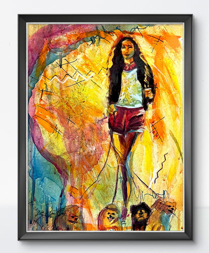 Stylish Dog Lover Dog Walker Art Print for Modern Woman Mixed Media Abstract