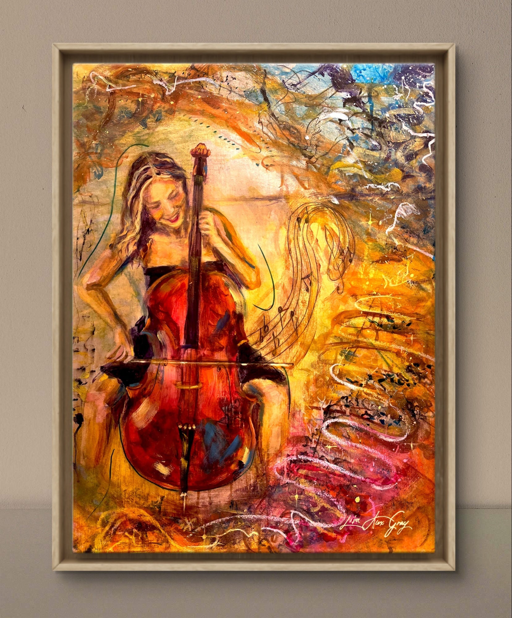 Splendor in Strings Woman Playing the Cello Musical Wall Decor Colorful Poster Print