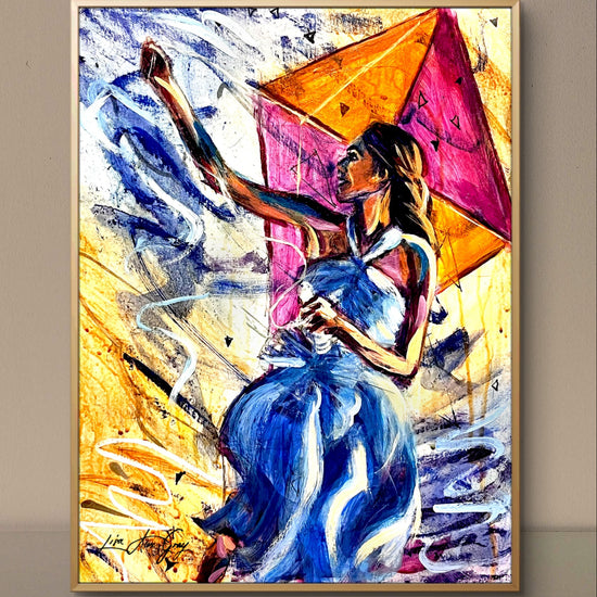 Playing with the Wind Woman Flying a kite Outdoor Wall Decor Poster Print