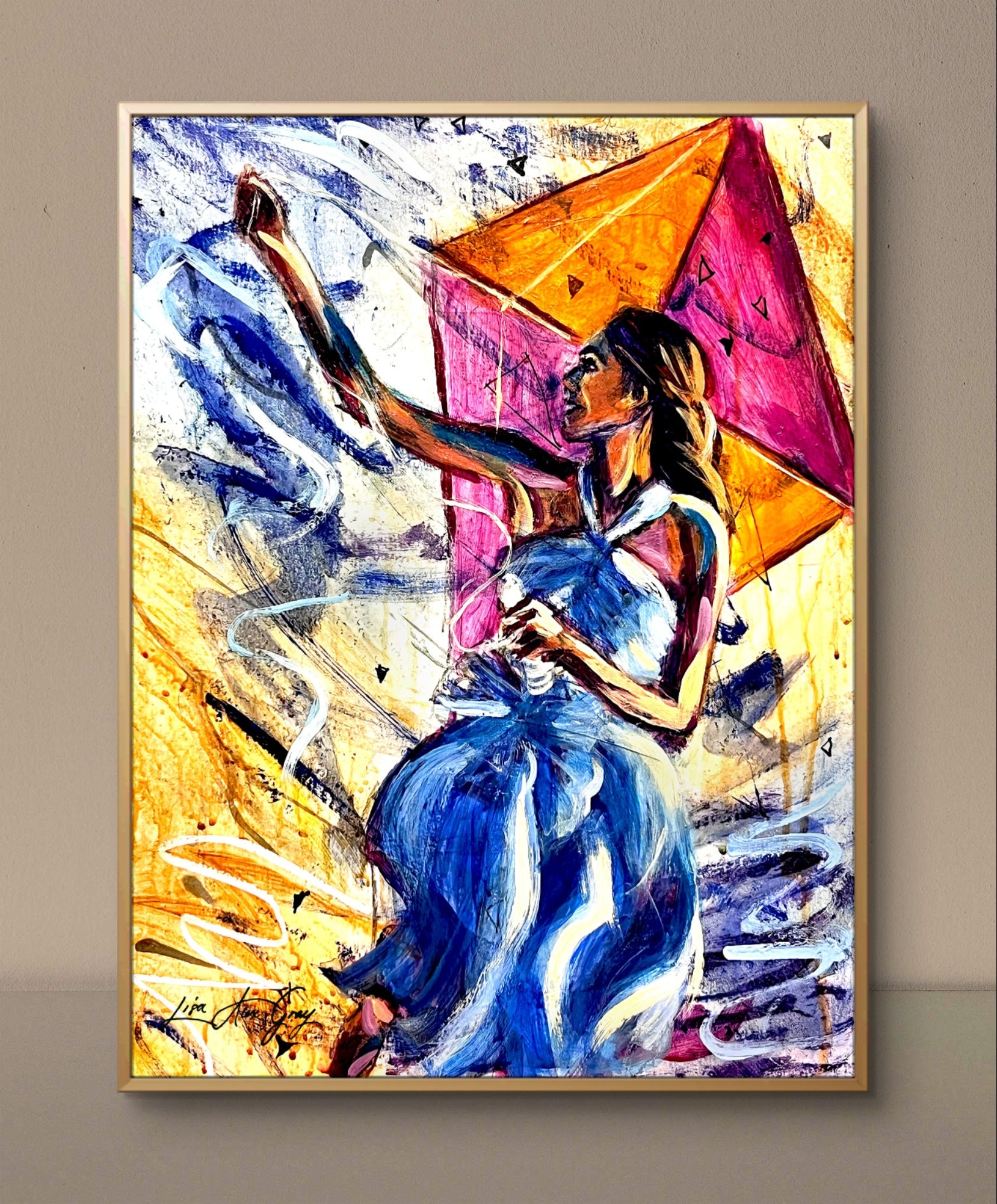 Playing with the Wind Woman Flying a kite Outdoor Wall Decor Poster Print